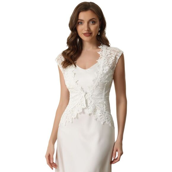 Floral Lace Shrug Wedding Guest Cap Sleeve Sheer Bolero Cardigan White - Picture 1 of 6